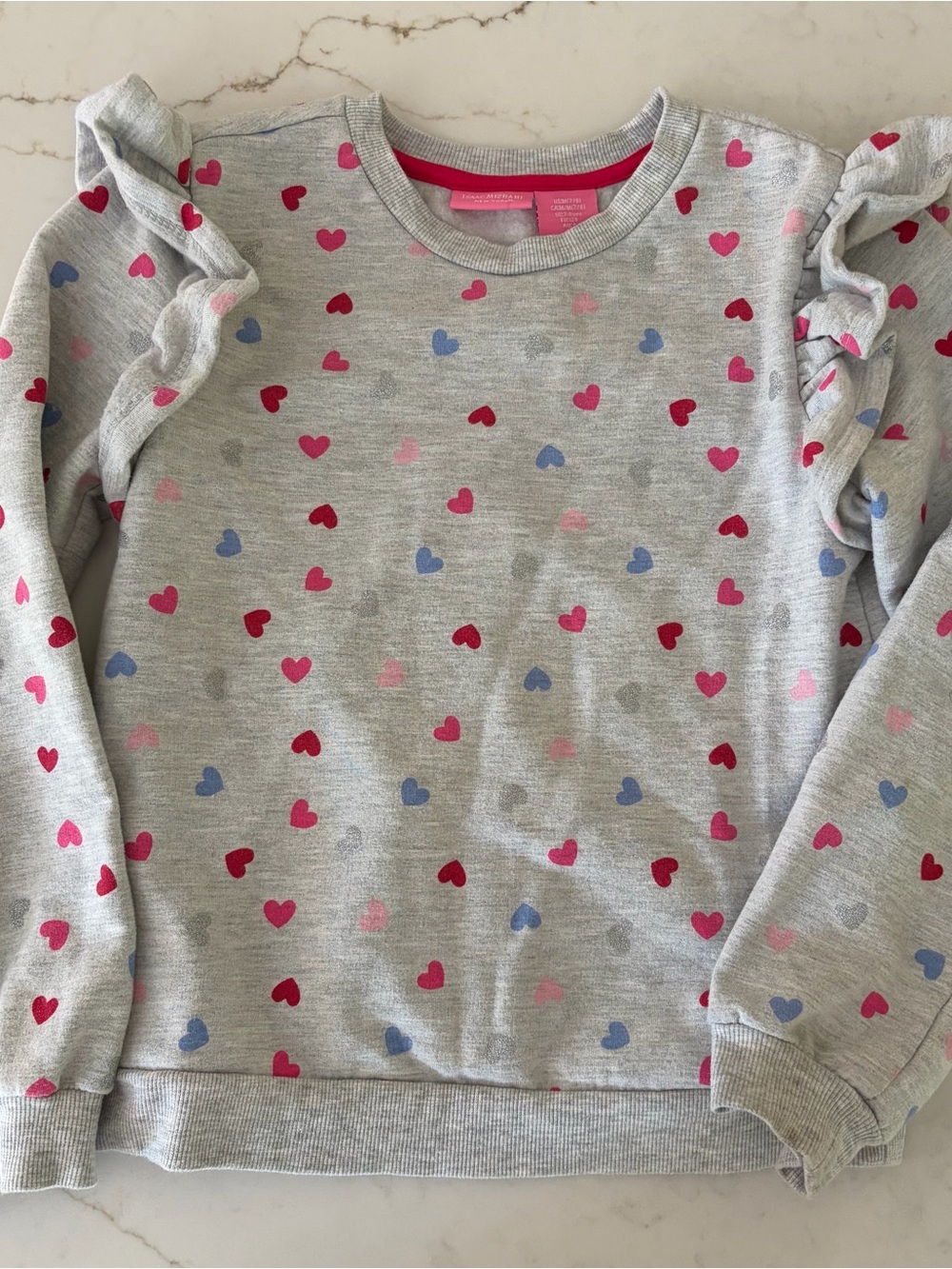 Isaac Mizrahi Girls Heart Print Ruffle Sweatshirt Gray Size 7/8